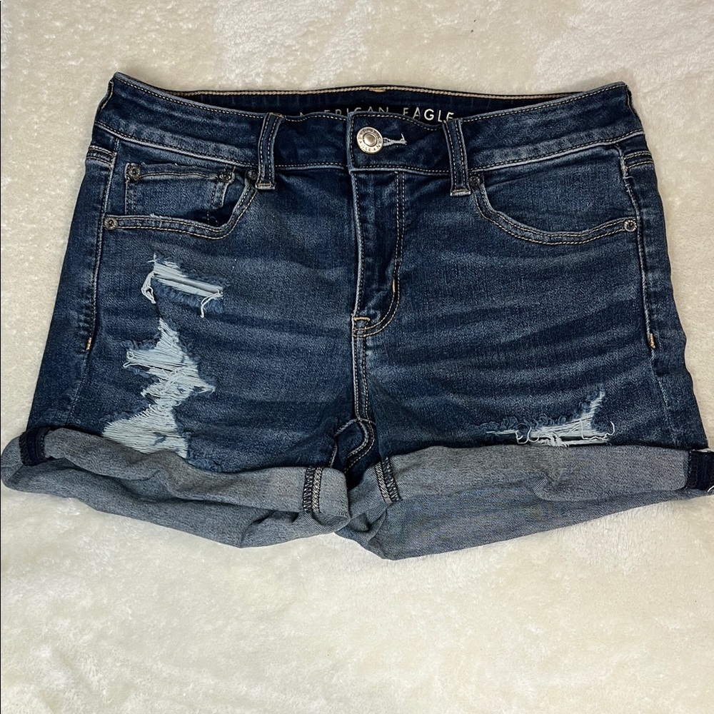 American Eagle Outfitters Women's Ripped Jean Shorts - Dark Blue